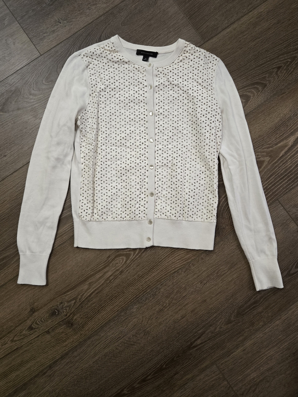 Ann Taylor Ivory Eyelet-Front Crew Cardigan